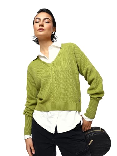 Image of High Star Women Knitted Acrylic Relaxed Fit V Neck Long Sleeve Sweaters