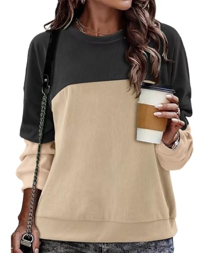 KISSMODA Women's Casual Long Sleeve Sweatshirt Color Block/Solid Crewneck Corduroy Pullover Cute Tops