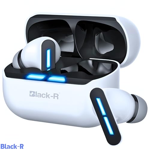 Image of Black-r Stylish Light Wireless in Ear Earbuds TWS with Noise Cancellation, HD Mic, 130H Playtime and Extra Bass, 45ms Low Latency Gaming with ENC, 13mm Bass Drivers Ear Buds TWS, R-003 (White)