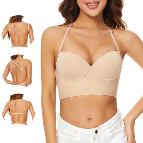 Low Back Bras for Women-Seamless Invisible Backless Bra-Lightly Lined Demi Multiway Bra No Show Low Cut Halter Bras2
