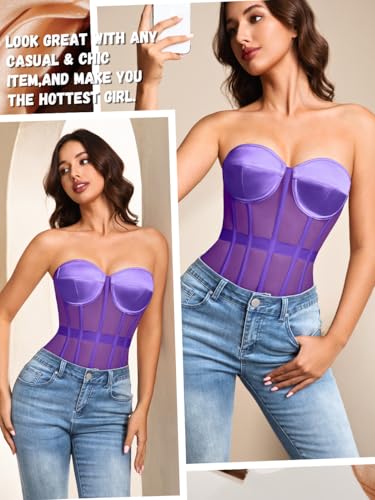 Image of Kaei&Shi Sheer Mesh Overbust Corset,Sexy Strapless Lace Up Satin Bra Corsets Top For Women Shapewear