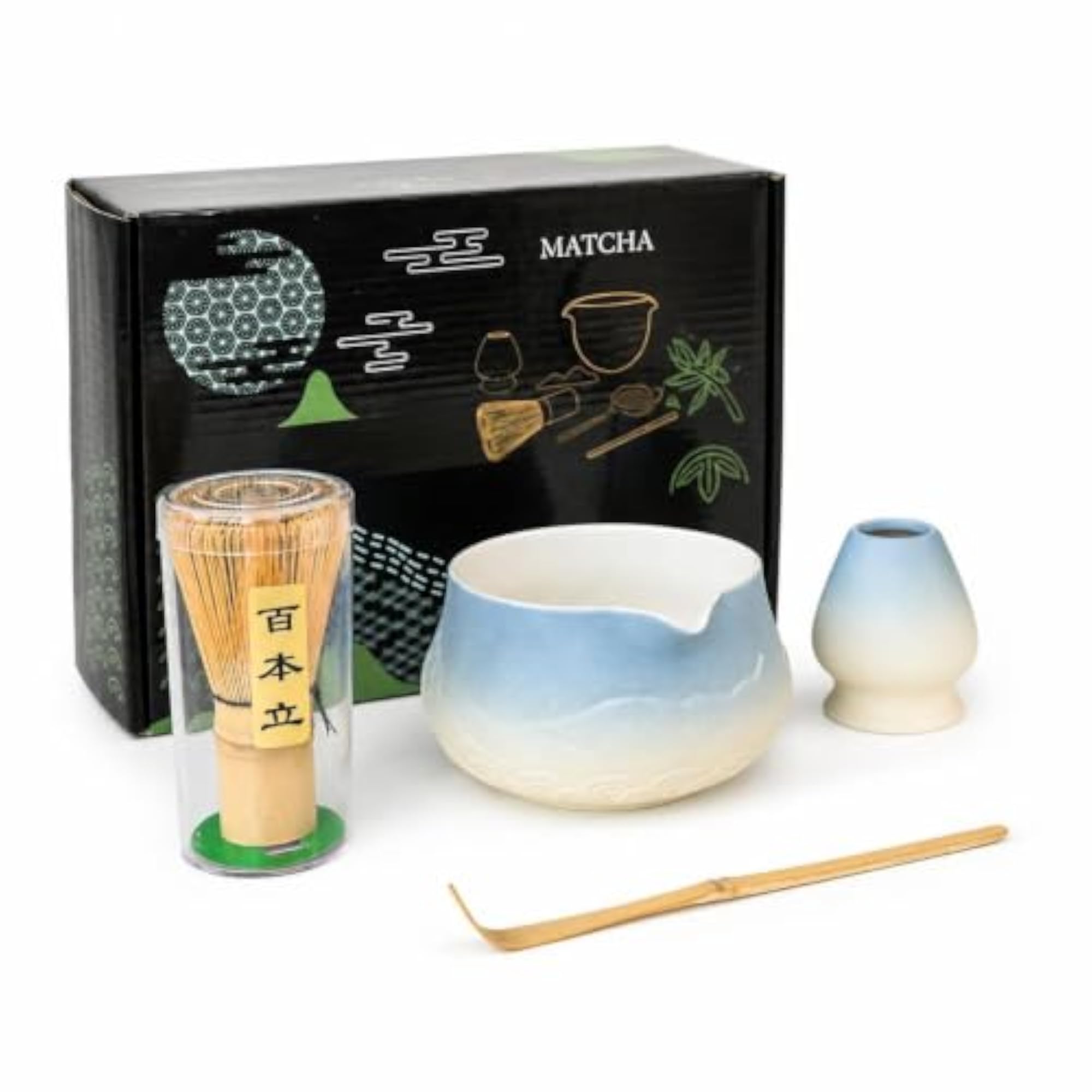 Japanese Style Ceramic Matcha Tea Set with Mountain and Water Pattern Bowl