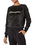 Champion Women's Super Fleece Faux Fur Piecing Crew-Gold Lurex Script, Black, Medium