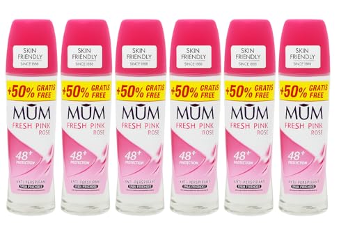 Mum Roll On Deodorant Pink Rose 75ml Pack of 6 | 50% Extra Free | Alcohol-Free Anti-Perspirant for Women and Men | Long-Lasting Odour Protection | Vegan Deodorant in Sustainable Glass Bottles