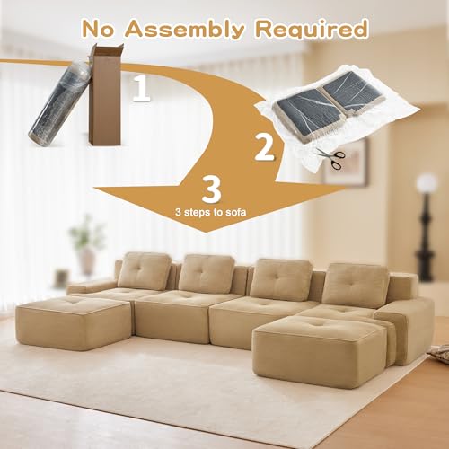 Image of 153 inch U-Shaped 4-Seater Modular Boneless Couch with 2 Ottomans, Premium Corduroy Upholstery, Deep Seat Cloud sectional Sofa, No Assembly Anti-Slip Design, Camel