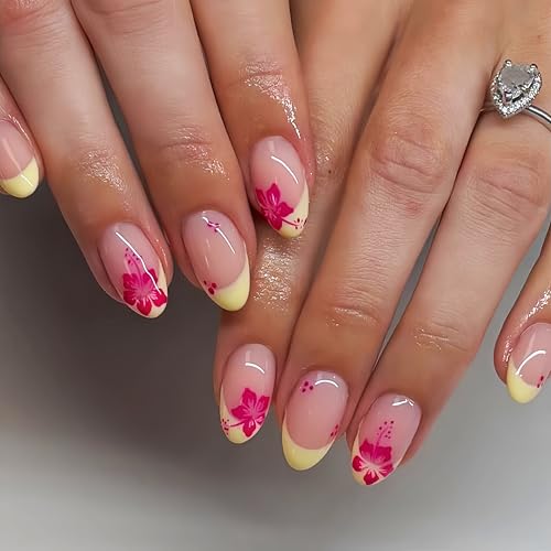 Quezadyl French Press on Nails, 24PCS Short Oval Multicolor Hibiscus