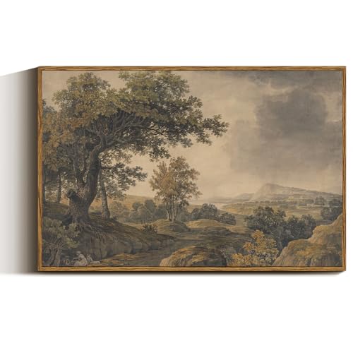 VIYYIEA Vintage Framed Canvas Wall Art, Antique Tree Mountain Art