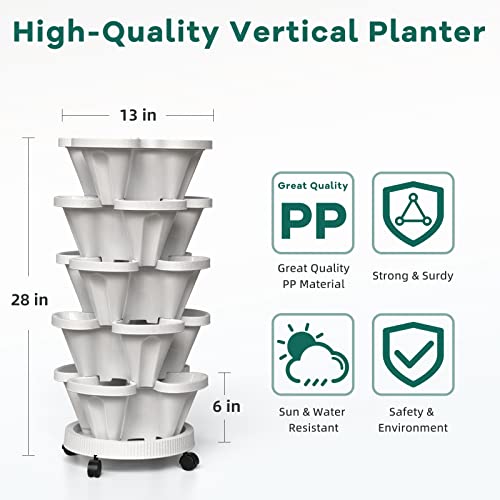 Tectsia Strawberry Vertical Planters, 5 Tiered Stacking Tower Garden, Stackable Herb Vegetable Planters With Movable Casters And Bottom Saucer Indoor And Outdoor - White #TOP5