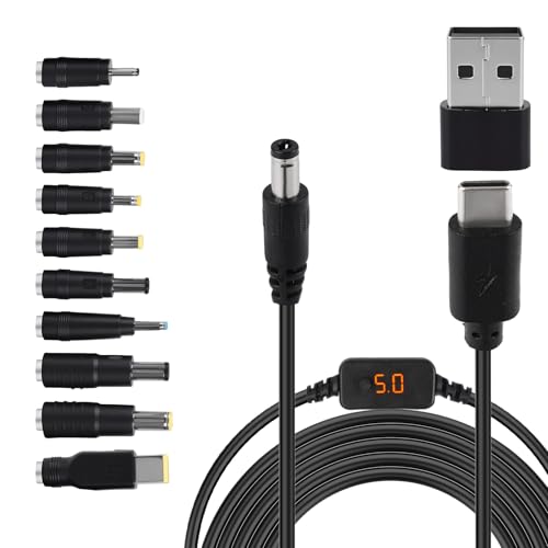 Vakler   Cable de alimentación (1 m, adaptador PD/USB a DC, voltaje ajustable, 5 V, 9 V, 12 V, 15 V, 20 V, conector tipo conector a conector Dc5521, cable cargador universal con 10 DC convertidor para