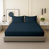 Olympic Queen Sheets Set, 100% Soft Microfiber, 3 Piece with Fitted Sheet and Pillowcases, Deep Pocket Fits Up to 15 Inch Mattress, Cooling, Breathable, Wrinkle Resistant, Hotel Luxury, Navy Blue