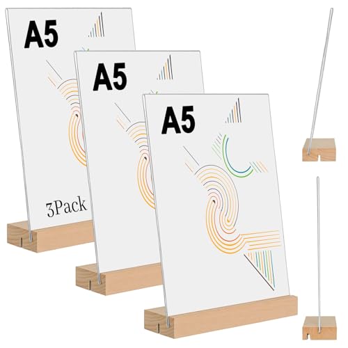 kiptyg 3 Stück Tischaufsteller A5 aus Acryl mit Holzfuß – Doppelseitiger Displayständer für Preisschilder, Menükarten & Werbung (14,8x21 cm) – Ideal für Restaurant, Café, Büro & Hochzeit