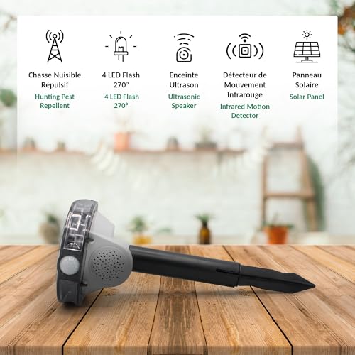 Répulsif solaire sonore FISHTEC avec flash LED et détection 8 m