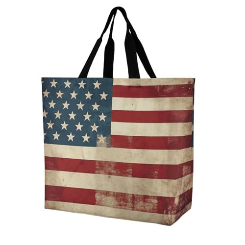 Vintage American USA Flag Shoulder Tote Bag, Casual Shopping Bags Handbag Large Shoulder Bag for Work Beach Travel And Grocery Bags