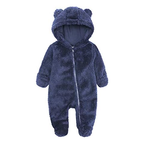 MAIGON Baby Hooded Jumpsuit Cute Bear Ear Snowsuit Solid Color Zipper Romper Winter Long-Sleeved Warm Fleece Onesies Sleepsuit Newborn Boys Girls Cover