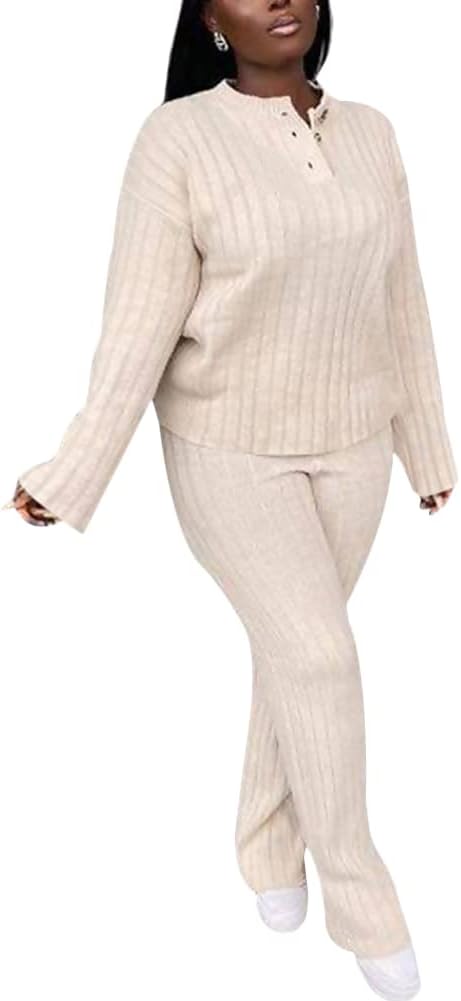 diffstyle Women's Rib Knit 2 Piece Outfits Crew Neck Sweater Pullover Top + Straight Pants Tracksuit Loungewear