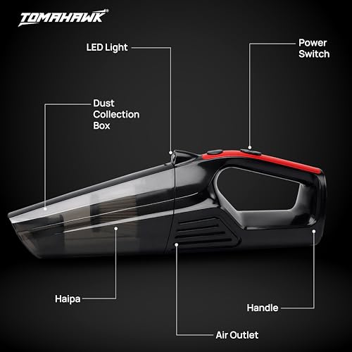 Image of Tomahawk TCV-126 Cordless Handheld Vacuum Cleaner, 120W 7.4V Rechargeable Car Vacuum, 5000KPA Suction, Wet & Dry Portable Vacuum for Home & Car, 0.35L Dust Cup, HEPA Filter, Lightweight for Pet Hair
