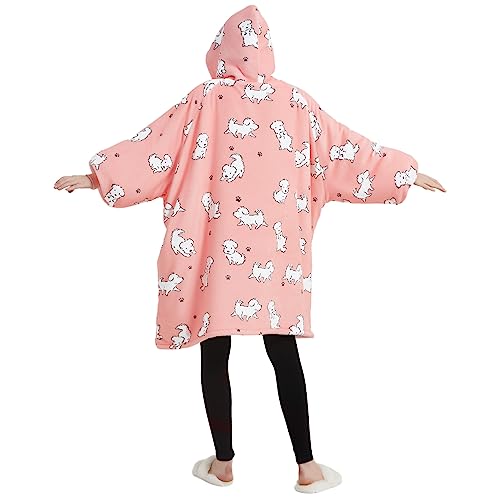 KFUBUO Wearable Blanket Hoodie for Adult Sherpa Dog Patterns Oversized Hoodie Sweatshirt Blanket with Pockets Birthday Gifts for Women