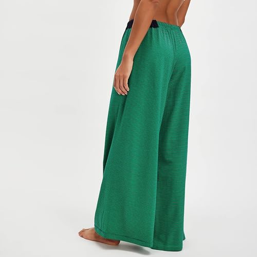 Striped Wide Leg Pants Woman Drawstring Elastic Waistband High Waisted Long Lounge Trousers Summer Beach Palazzo Pant2