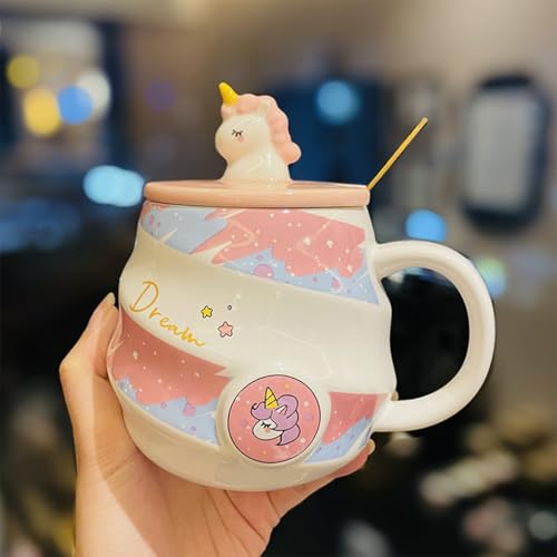 Image of Spooky Unicorn Ceramic Mug with Lid and Spoon - 400ml Cartoon Coffee Cup for Kids, Girls & Women - Gift for Birthday, Office, Christmas, Valentine's Day - Ins-Style Animal Tea Mug (Pink)