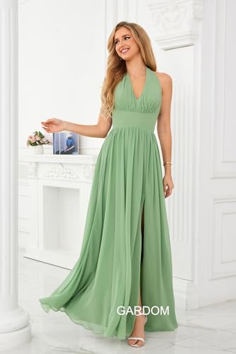 GARDOM V Neck Chiffon Bridesmaid Dresses for Women Long Halter Pleated Formal Evening Gowns with Slit4