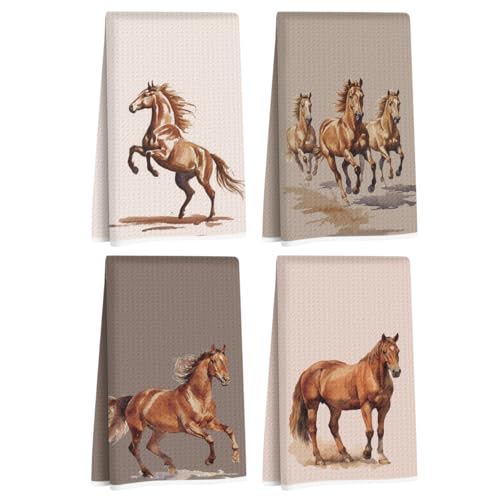 four western-style hand towels printed with horse designs, folded and stacked