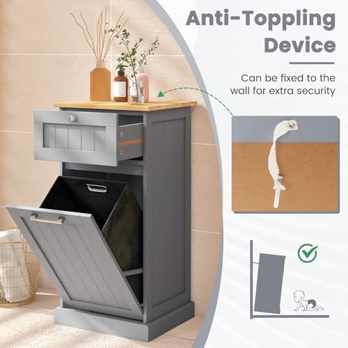 COSTWAY Laundry Cabinet, Tilt Out Laundry Hamper Bathroom Storage Cabinet with Drawer & Removable Clothes Bin, Freestanding Wooden Laundry Basket Dirty Clothes Chest Organiser Unit, 40x37x82cm (Grey) - Image 6
