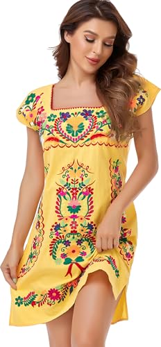 Image of YZXDORWJ Women Mexican Embroidered Dress Ruffle Collar Sleeveless