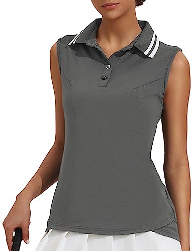 Pinspark Women's Polo Sleeveless Shirts Upf 50+ Moisture Wicking Button Polo Golf Tank Tops Grey Xl #TOP26