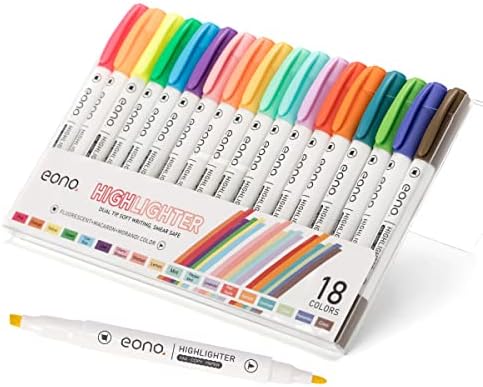 Amazon Brand - EONO Highlighters, Dual Tips Marker Pen, Chisel and Fine Tips, Water Based, Assorted Colors, Quick Dry (18 Colors)