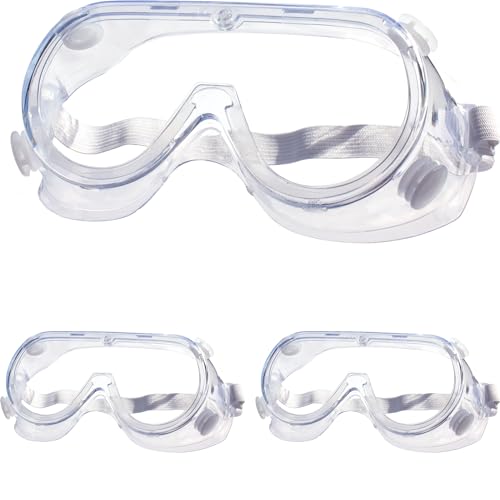 EYEGLASSTOR 3 Pack Safety Goggles Over Glasses, Clear Protective Splash Goggles for Adults, Anti-Fog Eye Protection for Lab Chemistry, Construction, Painting, Onion Cutting White
