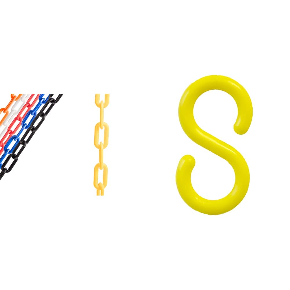 US Weight (Made in USA) 2 inch x 100 feet' White Plastic Safety Chain ft. SunShield UV Resistant Technology & Mr. Chain S-Hook, 2-Inch, Yellow, Pack of 25 (50302-25)