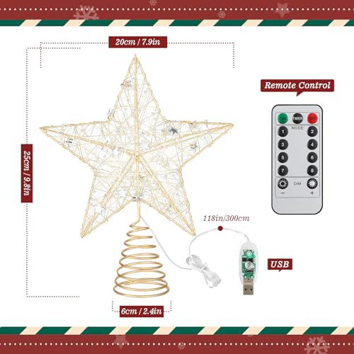 Roylvan Christmas Star Tree Topper with 8 Lighting Modes, USB Lighted Tree Topper with 20 LED Lights, Shiny Treetop Christmas Tree Decoration for Indoor Outdoor Holiday Home Ornament Gift, 9.8 Inch(H) by Roylvan - Image 4