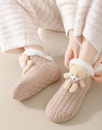 Image of Cute Slipper Socks for Women, Winter Warm Floor Fuzzy Socks, Cozy Sherpa Slipper Socks, House Sleeping Socks