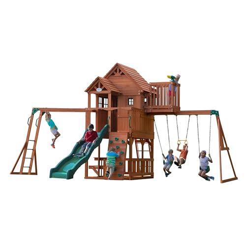 Backyard Discovery Skyfort II Aire de Jeux en Bois | Portique Balançoire avec Mur d'escalade, Toboggan et Balançoire, Trapèze | Barre de Singe, Jeux...