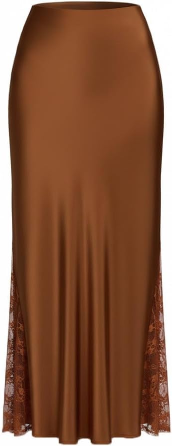 Silk Satin Skirts for Women Mesh Patchwork Lace Skirt High Waisted Flowy a Line Skirt Cocktail Party Wedding Skirts