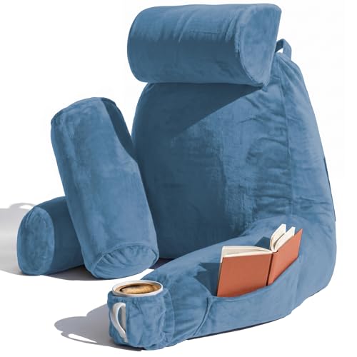 Image of Nestl Reading Pillow with Shredded Memory Foam Includes 2 Neck and Lumber Support Pillows, Designed for Sitting Up in Bed and Couch, Back and Arms Adjustable Support for Adult & Teens, Blue Heaven