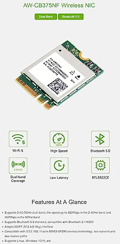 AW-CB375NF Dual-Band Wireless NIC 2.4G/5GHz Dual-Band WiFi 5 Bluetooth 5.0, RTL8822CE-CG Core miniatura 2
