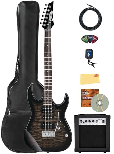 Ibanez GRX70QA RG Gio エレキギター - 透明ブラックサンバーストバンドル アンプ、ギグバッグ、チューナー、楽器ケーブル、ピック、Austin BazaarインストラクションDVD、ポリッシュクロス付き