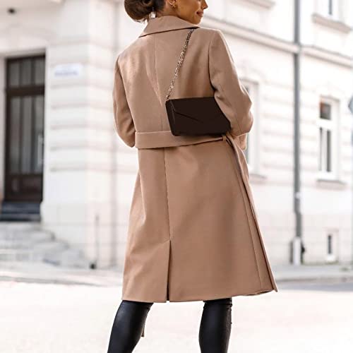 Womens Elegant Notched Collar Coats Faux Wool Blend Trench Coats Long Jacket With Belt Windproof Warm Thin Windbreaker #TOP6