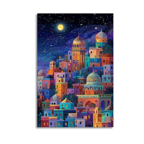 Colorful Arabian City Canvas Wall Art Night Moon Middle Eastern Poster Vibrant Architecture Fantasy Print for Boho Or Exotic Decor 08x12inch(20x30cm) Unframe-style
