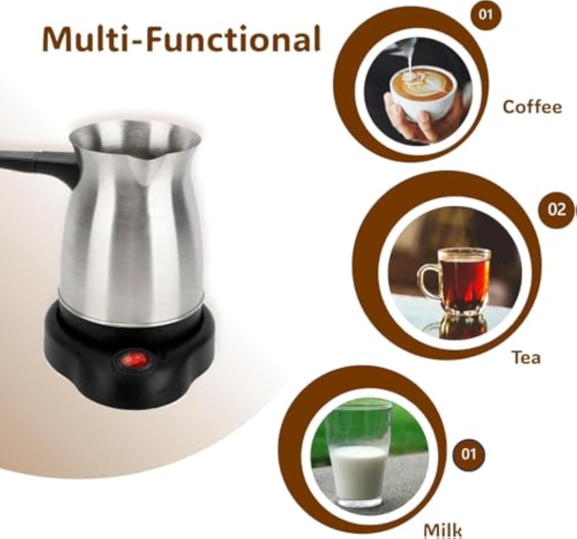 Elegant Electric Turkish Coffee Maker, 600ml Stainless Steel Kettle