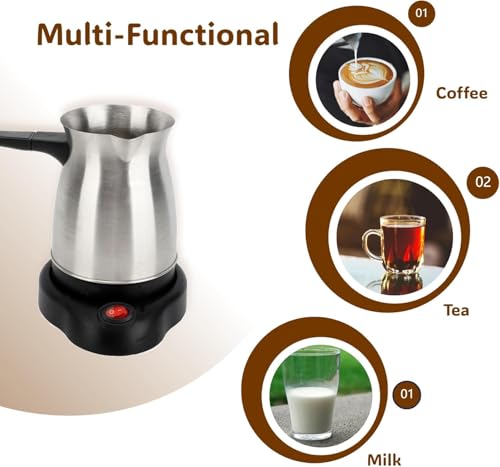 Image of Elegant Electric Turkish Coffee Maker, 600ml Stainless Steel Kettle, Tea, Coffee, Milk, Melted Butter, Water Boiler with Power Switch, Coffee Maker Pot