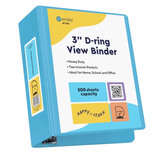 3 Inch Binder 3 Ring Binders Blue, Slant D-Ring 3” Clear View Cover with 2 Inside Pockets, Heavy Duty Colored School Supplies Office and Home Binders – by Enday by Enday - Used condition - CA$16.72
