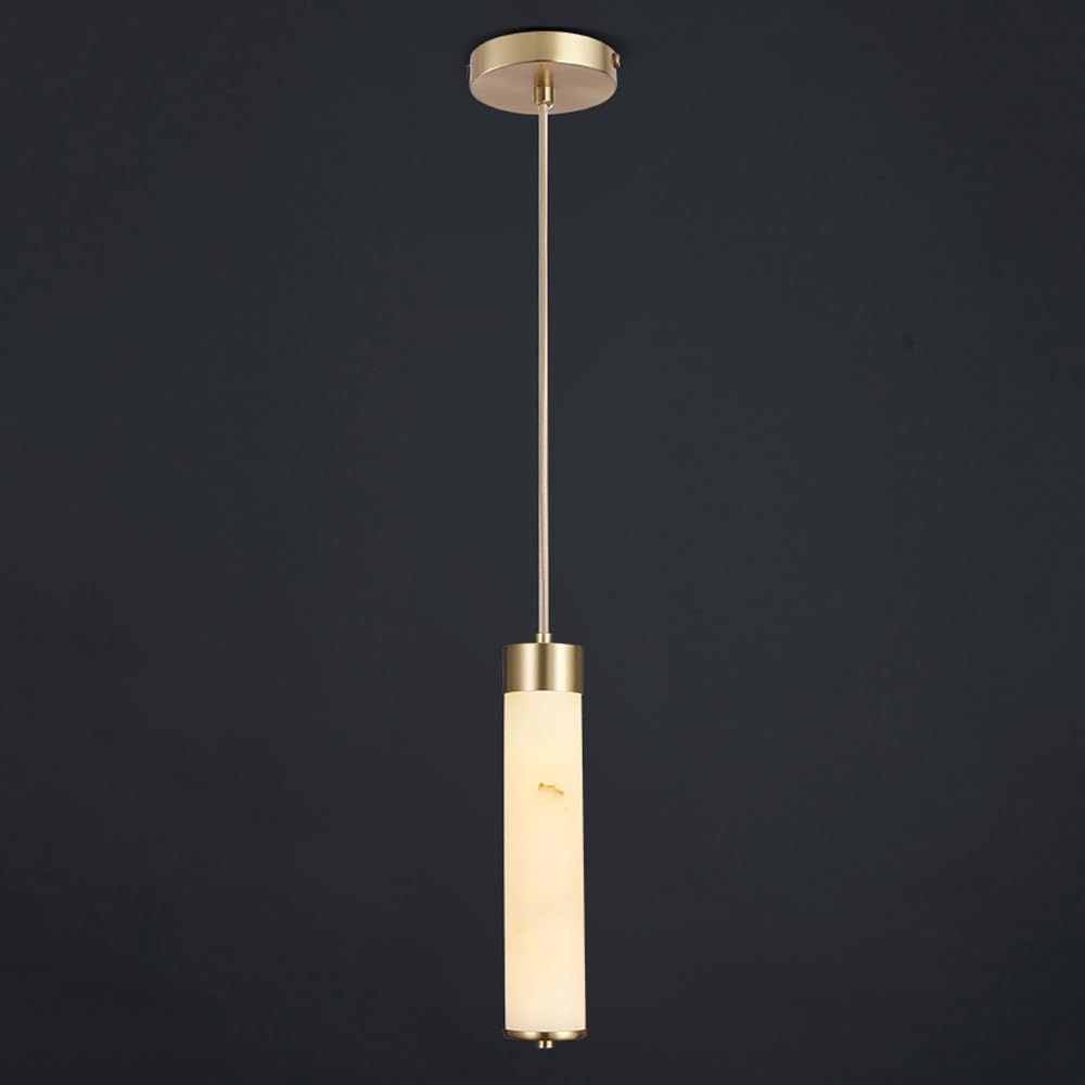 Luminaire suspendu en verre effet marbre blanc et laiton design cylindre