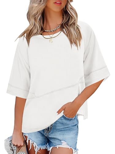 ANRABESS Womens Tops Crewneck Half Sleeve Loose Fit T Shirts Solid Cute Flowy Shirts Summer Casual Tees 2025 Trendy Outfits White Medium