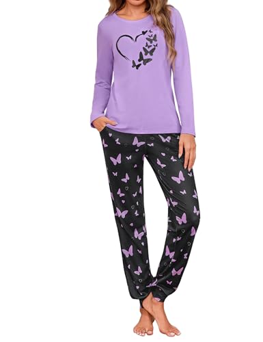 Leversic Pijama de Invierno para Mujer Conjunto de Algodón Pijamas con Manga Larga y Pantalón Largo Ropa de Dormir con Estampado de Mariposas S-XXL(Púrpura,S)