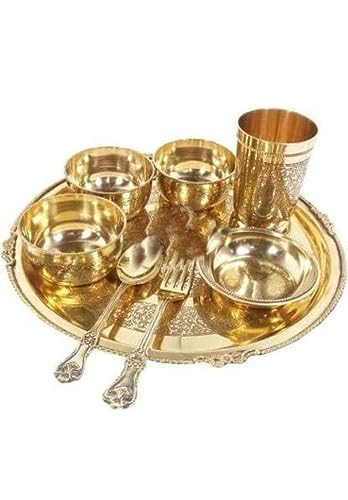 Bona Fide Brass Dinner Set, Dinner Plate Set, Brass Premium Dinner Thali Set,8 Pieces bhojan Set,12 inch bhojan thali Set