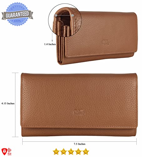 Image of Women's Top Grain Leather Wallet, RFID Blocking Bifold clutch, 17 Card Slots, Zip Pocket Organizer, Elegant Gift for Women - Birthday, Valentine, Anniversary - Pebble Cognac