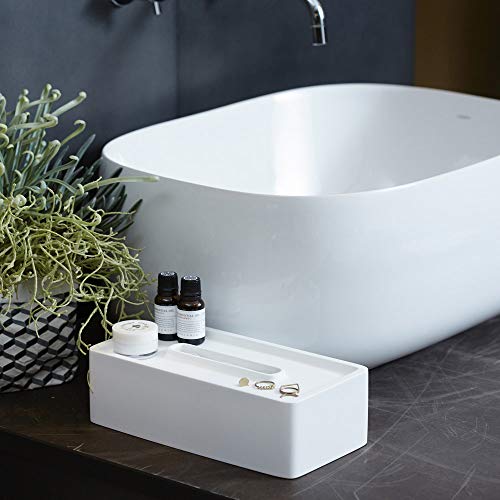 Ideaco Japan Slim Concealed Tissue Case Dispenser With Organizer Tray, Made Of Stone, Matte White #TOP1