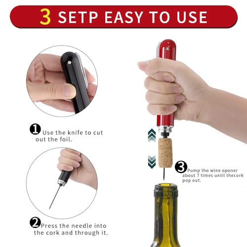 2-in-1 air pressure wine opener with cutting bottle aluminum foil knife air pump portable travel wine opener cork remover (four-color) (red) by YUEICOIY - Image 3